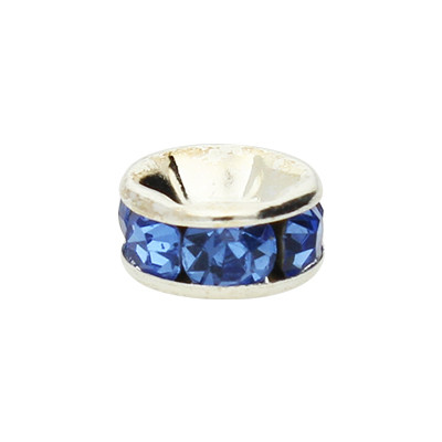 Perle mit Strass in Blau, innen 1,2mm, 7x3,2mm, Metall, SILBERFARBEN