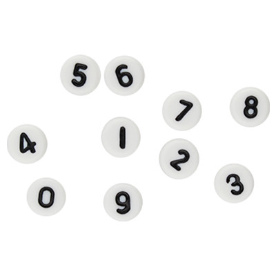 Acrylzahlen 0-9 gemischt (10 Stück), innen 1mm, 7x4mm, schwarz-weiß