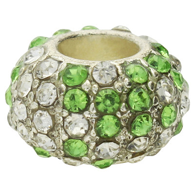 Perle mit Strass in Grün und Kristallfarben, innen 5mm, 13x8mm, Metall, SILBERFARBEN
