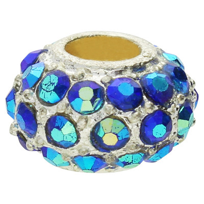 Perle mit Strass in Blau-Lila, innen 5mm, 13x8mm, Metall, SILBERFARBEN
