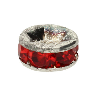 Perle mit Strass in Rot, innen 1,2mm, 7x3,2mm, Metall, SILBERFARBEN